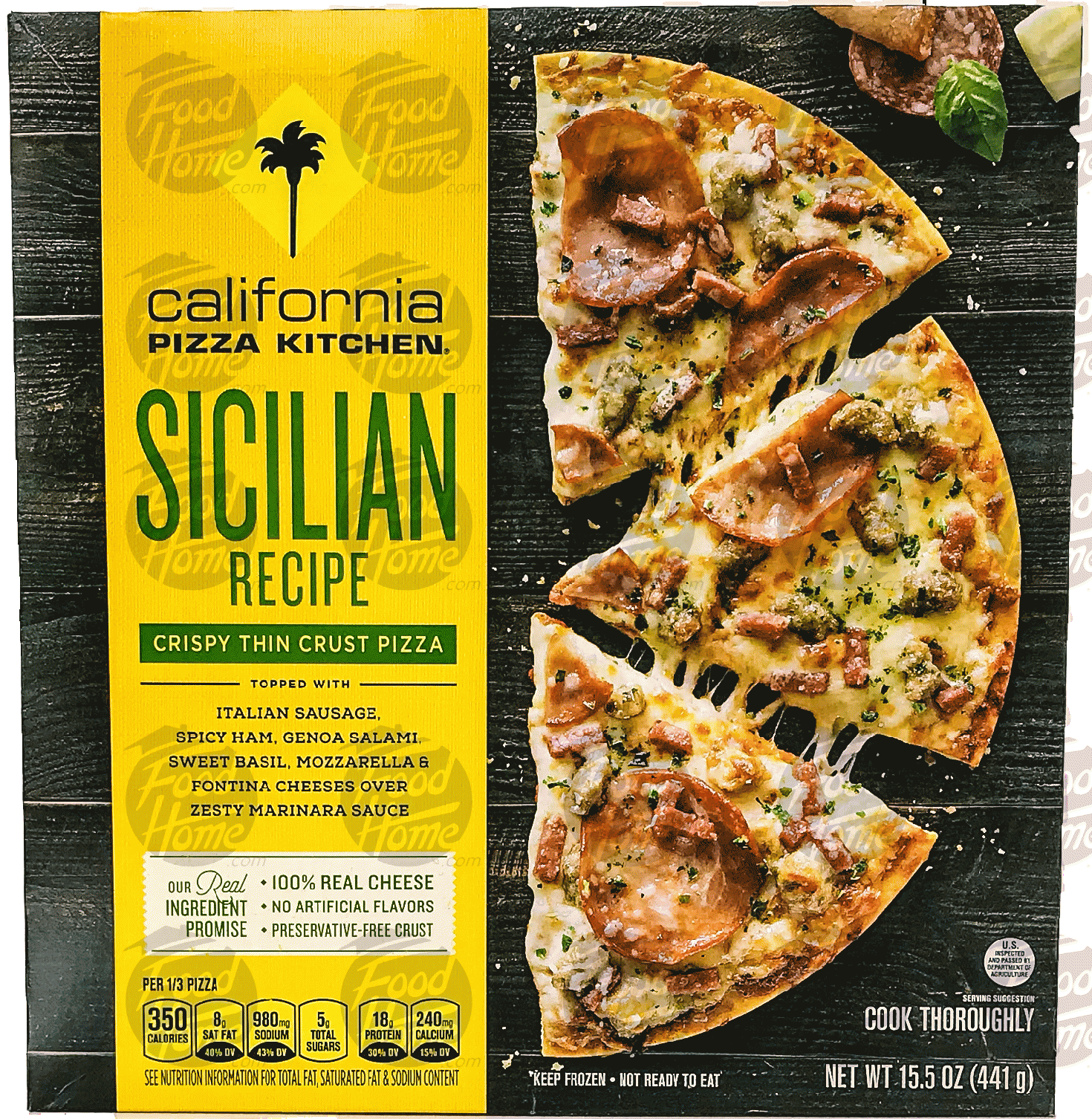 California Pizza Kitchen Crispy Thin Crust sicilian recipe; italian sausage, spicy ham, salami, basil, mozzarella and fontina cheeses Full-Size Picture